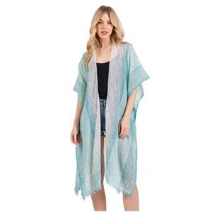 CG Couture GemsTurquoise&White Striped Sheer Kimono Cover-Up With Pearl Accents